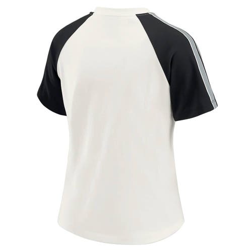 Wear By Erin Andrews White Las Vegas Raiders Sleeve Stripe Distressed Raglan T-shirt In White