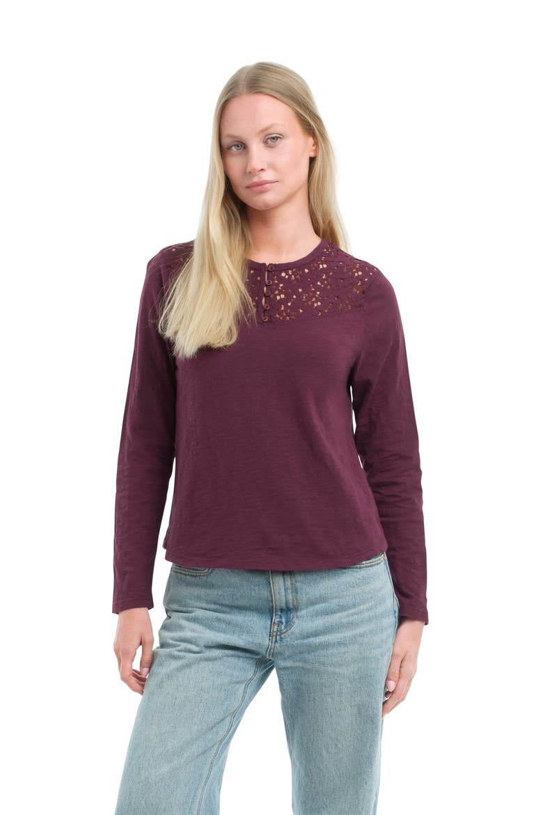 Lace Yoke Henley Tee, Alternate, color, Dark Fig