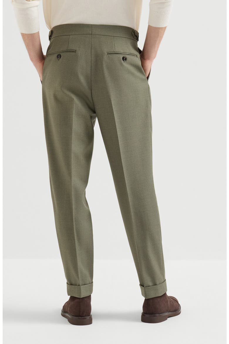Virgin wool diagonal trousers with reversed double pleats and waist tabs, Alternate, color, Military