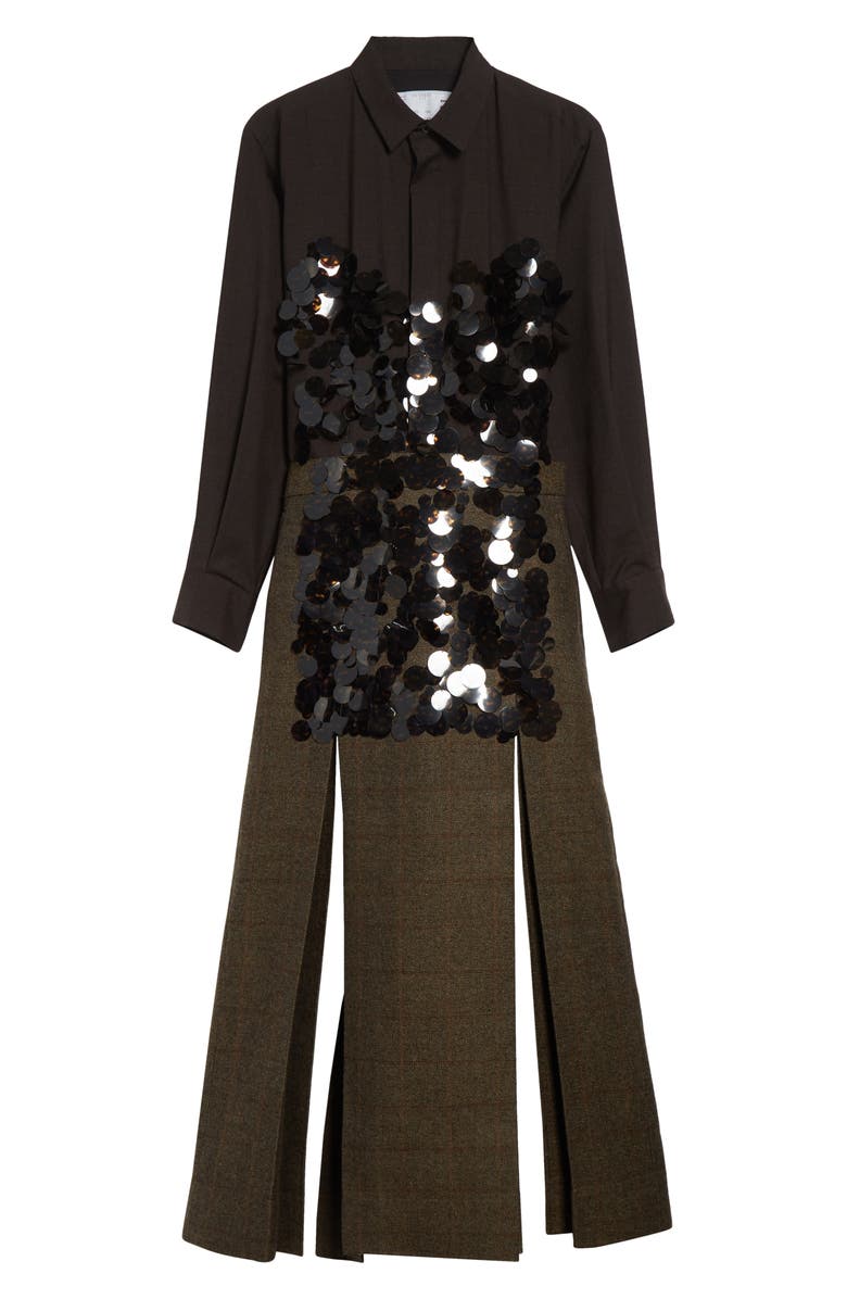 Sacai Sequin Embroidered Plaid Long Sleeve Double Face Melton Wool Shirtdress, Alternate, color, Brown/ Beige