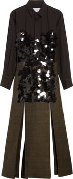 Sacai Sequin Embroidered Plaid Long Sleeve Double Face Melton Wool Shirtdress