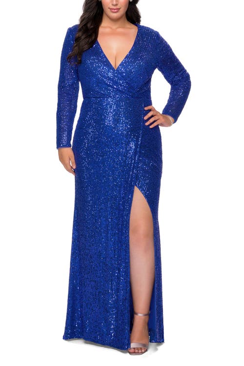 La Femme Long Sleeve Sequin Plus Size Dress With Slit In Royal Blue