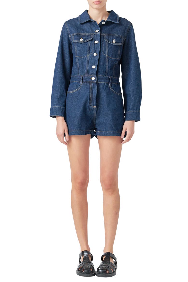 Long Sleeve Denim Romper, Main, color, NAVY