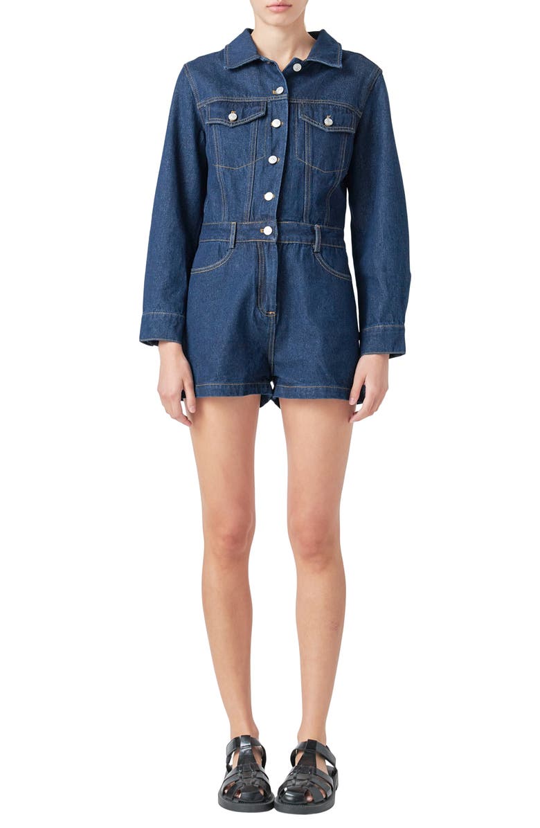 Grey Lab Long Sleeve Denim Romper, Main, color, Navy