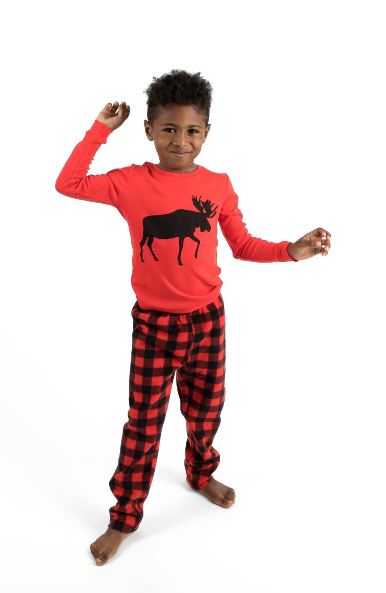 Leveret Kids Cotton Top & Fleece Pants Printed Matching Family Holiday Pajamas, Alternate, color, Moose