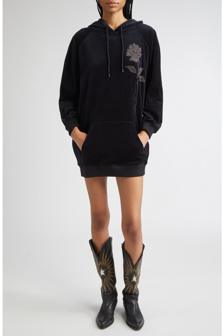 Journey Collection Long Sleeve Velour Hoodie Minidress, Main, color, BLACK