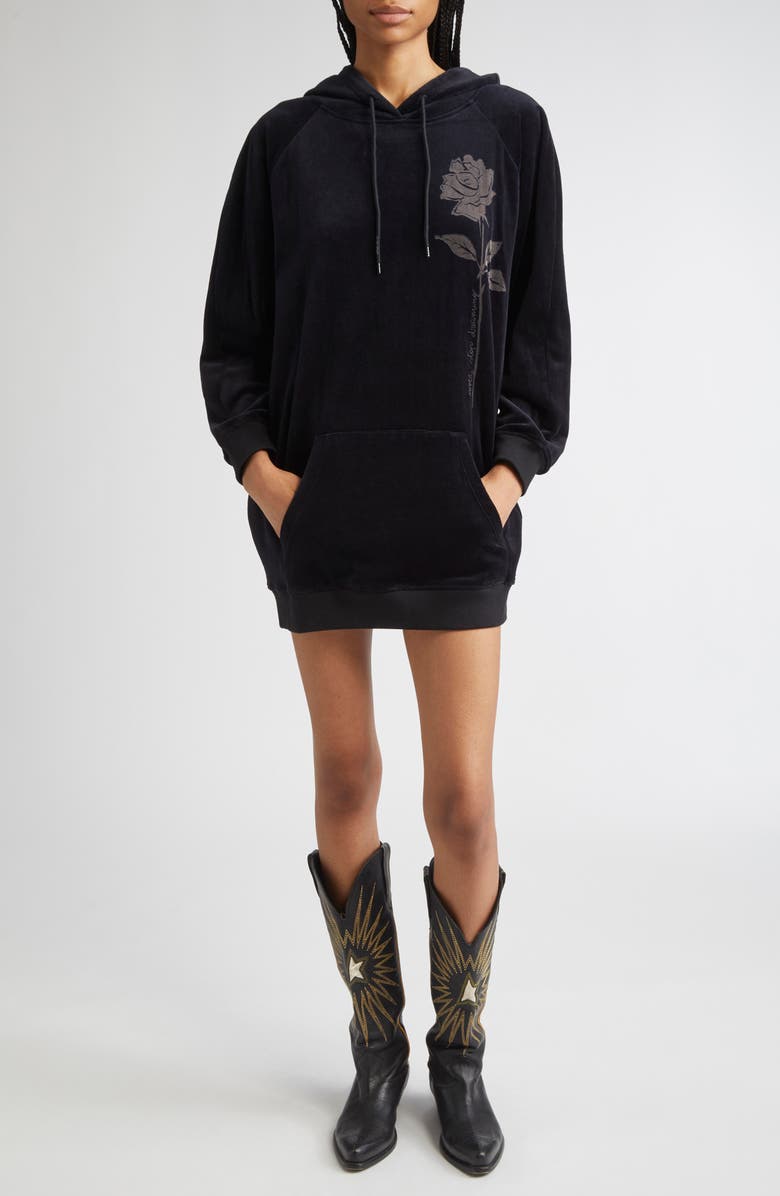 Golden Goose Journey Collection Long Sleeve Velour Hoodie Minidress, Main, color, Black