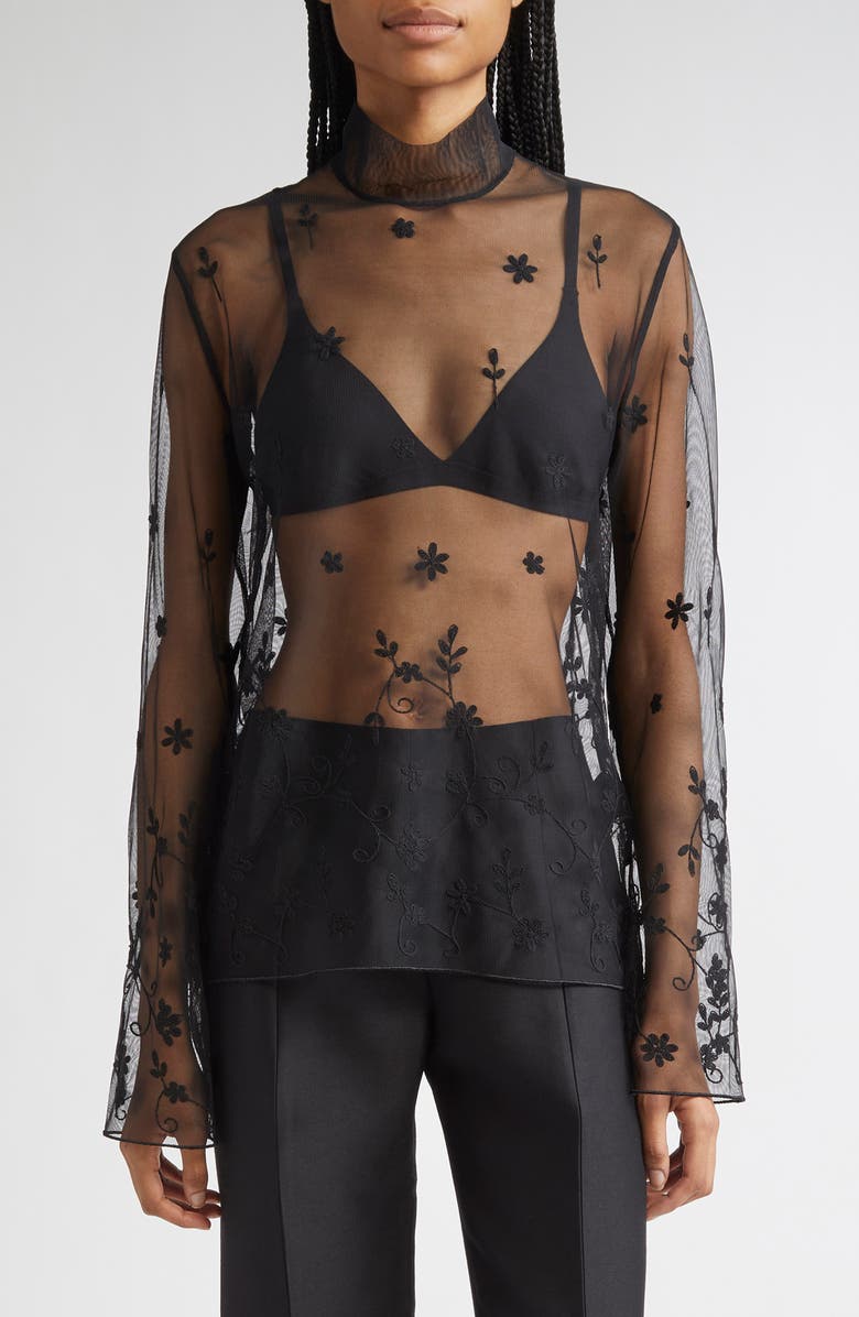 TOTEME Floral Embroidered Tulle Top, Main, color, Black/ Black