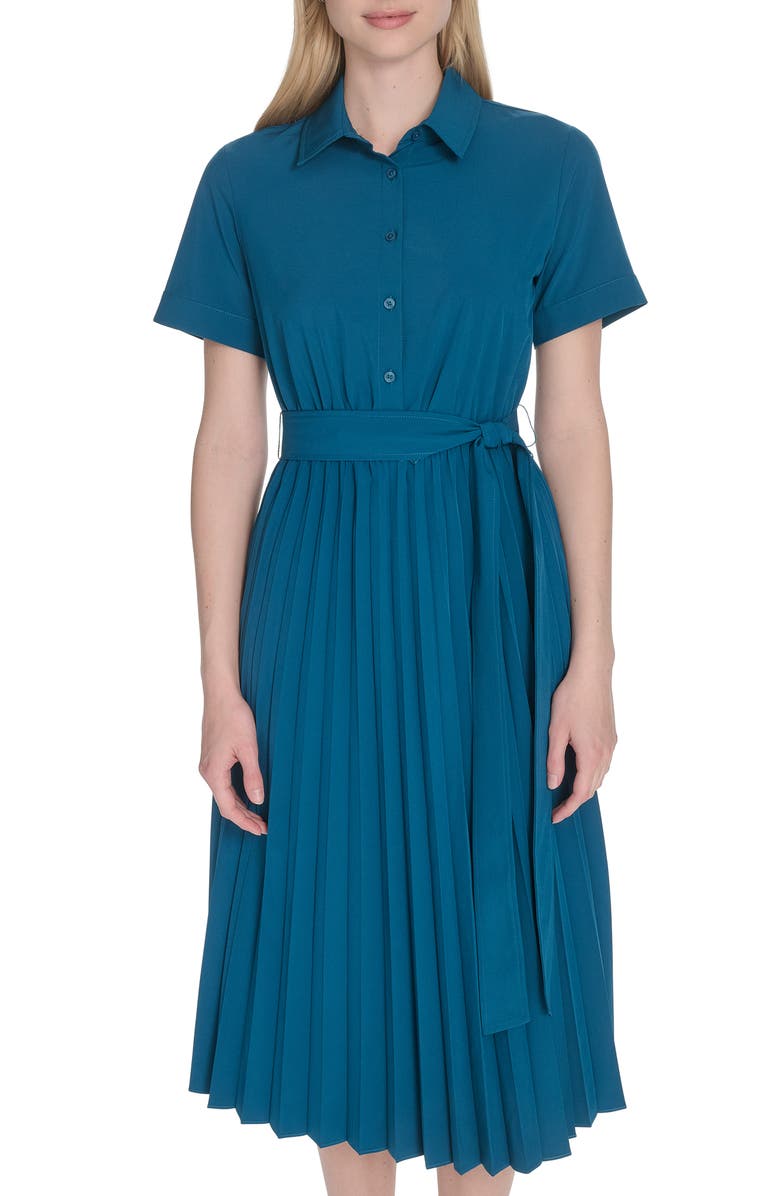 Calvin Klein Short Sleeve Pleated Shirtdress, Alternate, color, Cypress