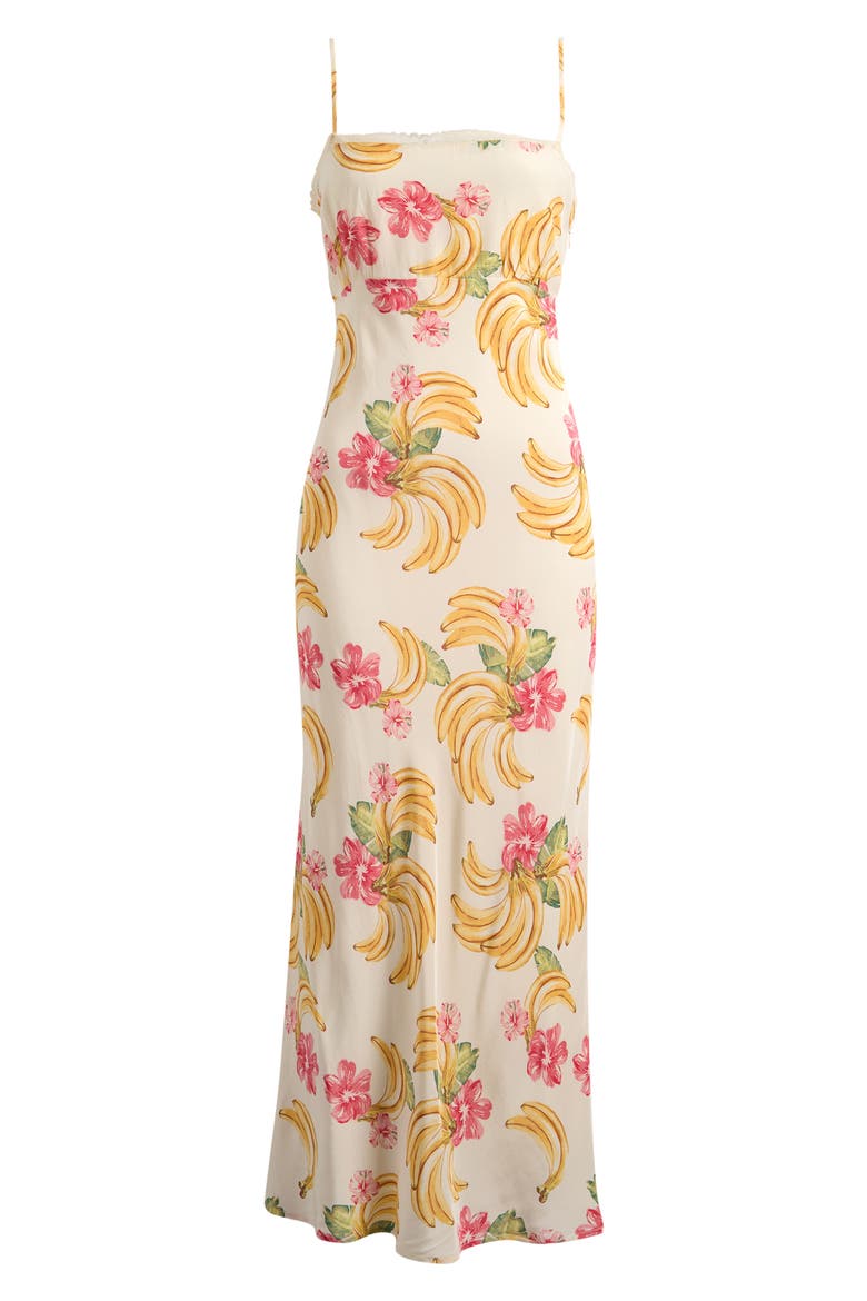 Calypso Fruit Print Lace Trim Midi Dress, Alternate, color, CREAM BANANAS