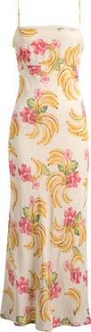 WAYF Calypso Fruit Print Lace Trim Midi Dress