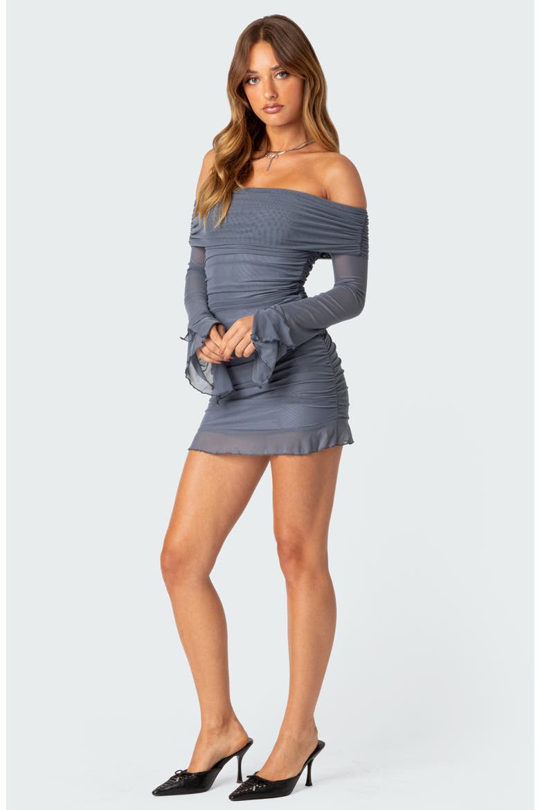 Gala Foldover Off the Shoulder Long Sleeve Mesh Minidress, Alternate, color, GRAY