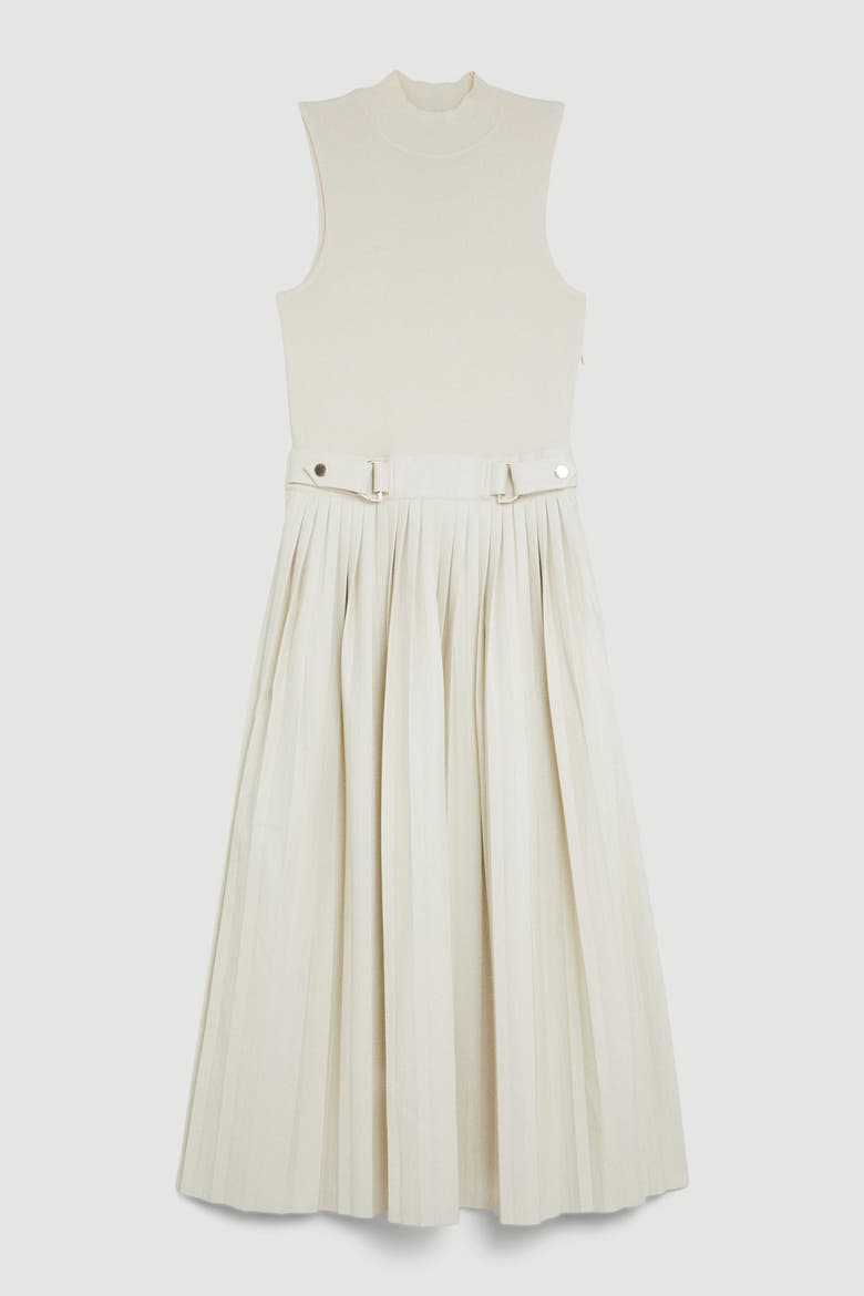 Pu Detailing Sleeveless Midi Dress, Alternate, color, Cream