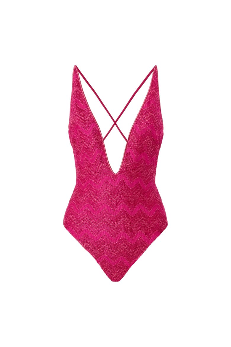 V-neck Zig Zag Lamé Viscose One-piece Swimsuit, Alternate, color, Purple