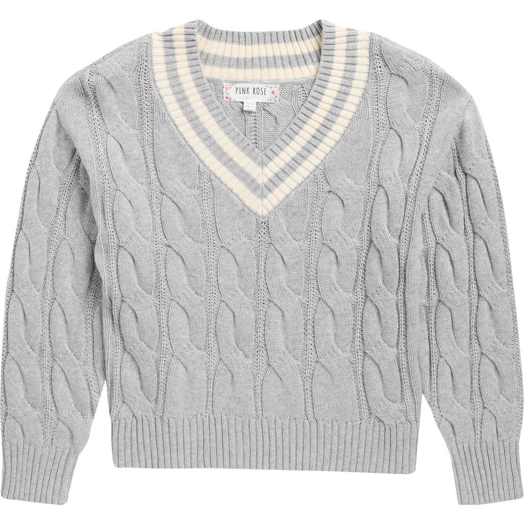 Pink Rose Kids' V-neck Cable Knit Sweater In Gray