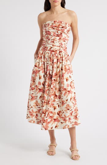 Ruched Linen Blend Strapless Sundress