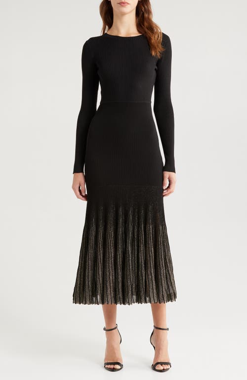 MOON RIVER Shimmer Long Sleeve Rib Midi Dress in Black 