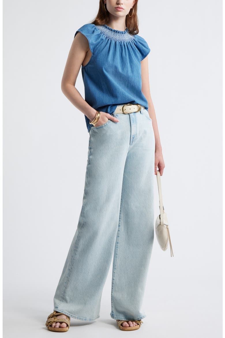 Smocked Neck Chambray Top, Alternate, color, LIGHT BLUE WASH