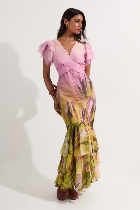 Button Through Ruffle Sleeve Maxi Dress