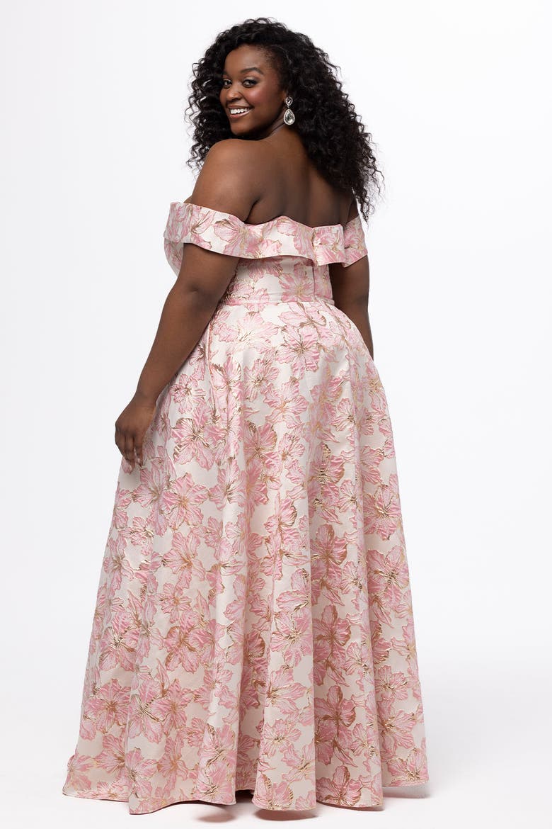 Off-the-Shoulder Brocade Plus Size Formal Dress with Slit, Alternate, color, Light Pink Floral