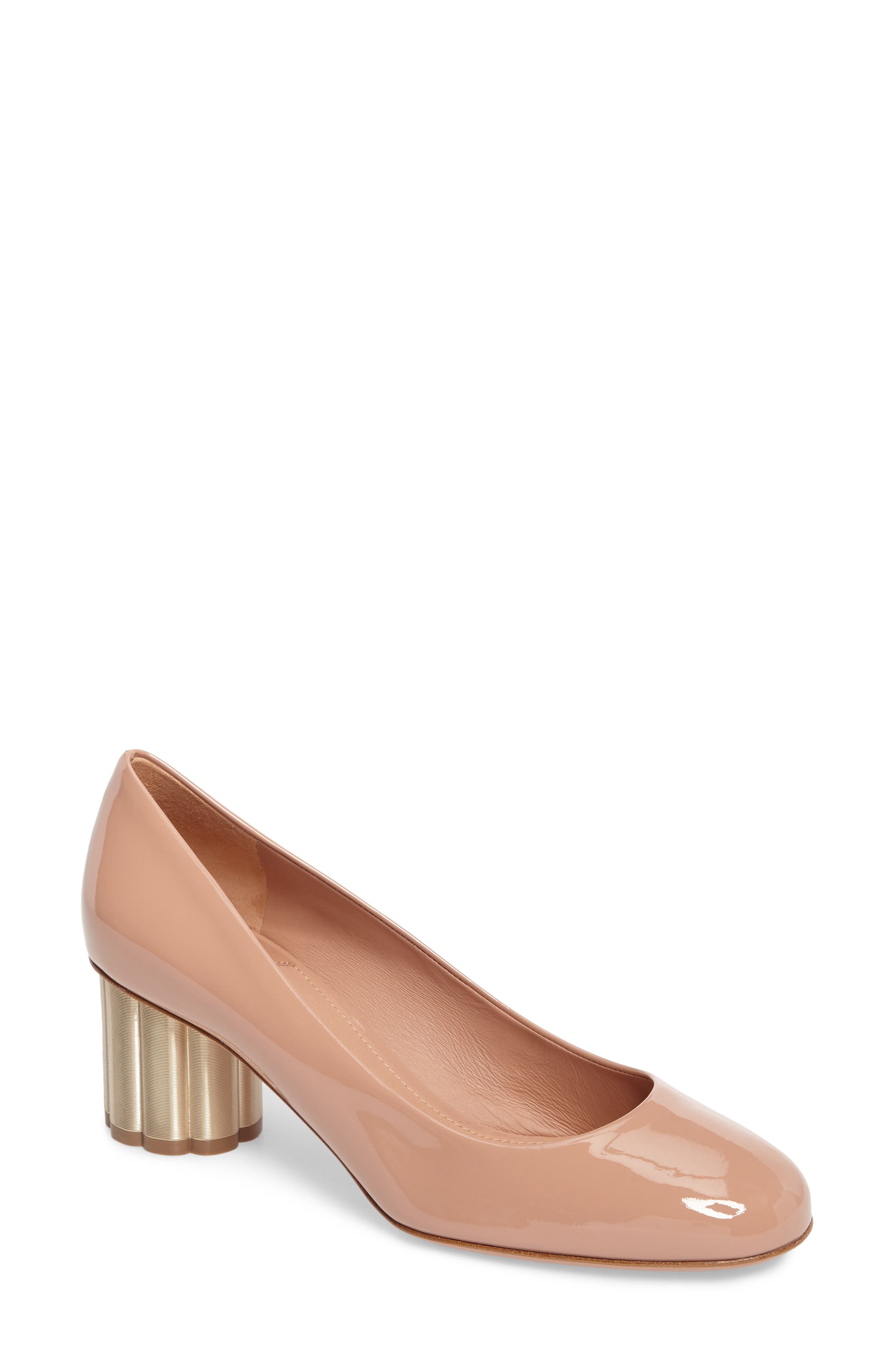 Salvatore Ferragamo Lucca Rounded Toe Flower Heel Pump, Alternate, color, NEW BLUSH PATENT