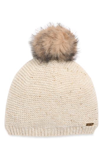 Calvin Klein Mini Sequin Faux Fur Pom Beanie In White
