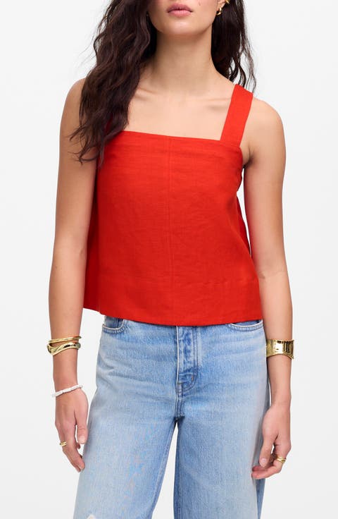 Contrast Stitch Square Neck Linen Tank