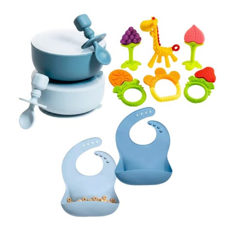 Silicone Suction Bowl Set with Lids, Adjustable Bibs, Teething Toys, BPA Free, Dishwasher & Freezer Safe