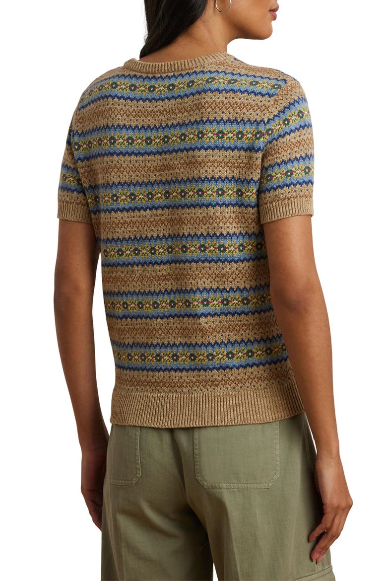 Fair Isle Short Sleeve Cotton & Linen Sweater, Alternate, color, BROWN MULTI