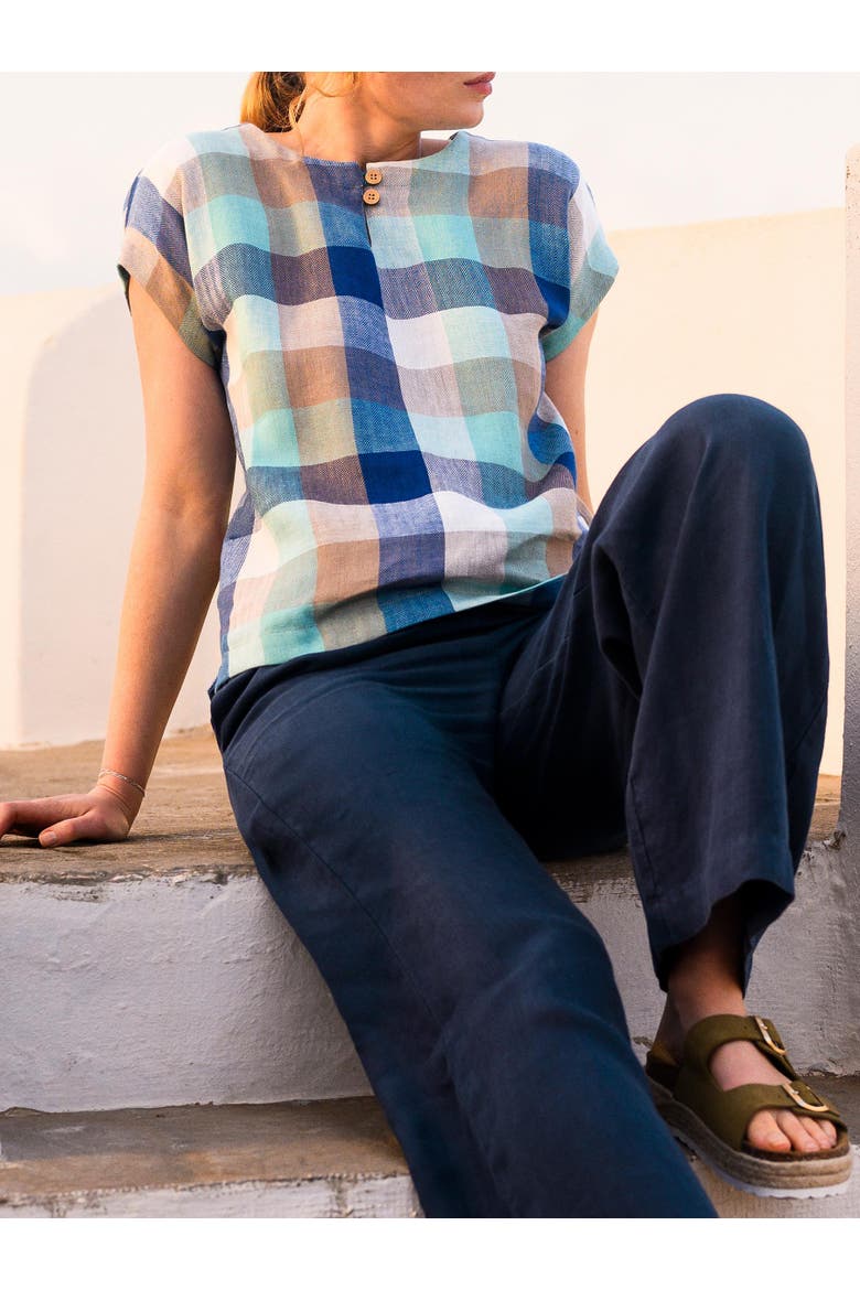 Button Detail Short Sleeve Linen Blouse, Alternate, color, SEA GLASS CHECK