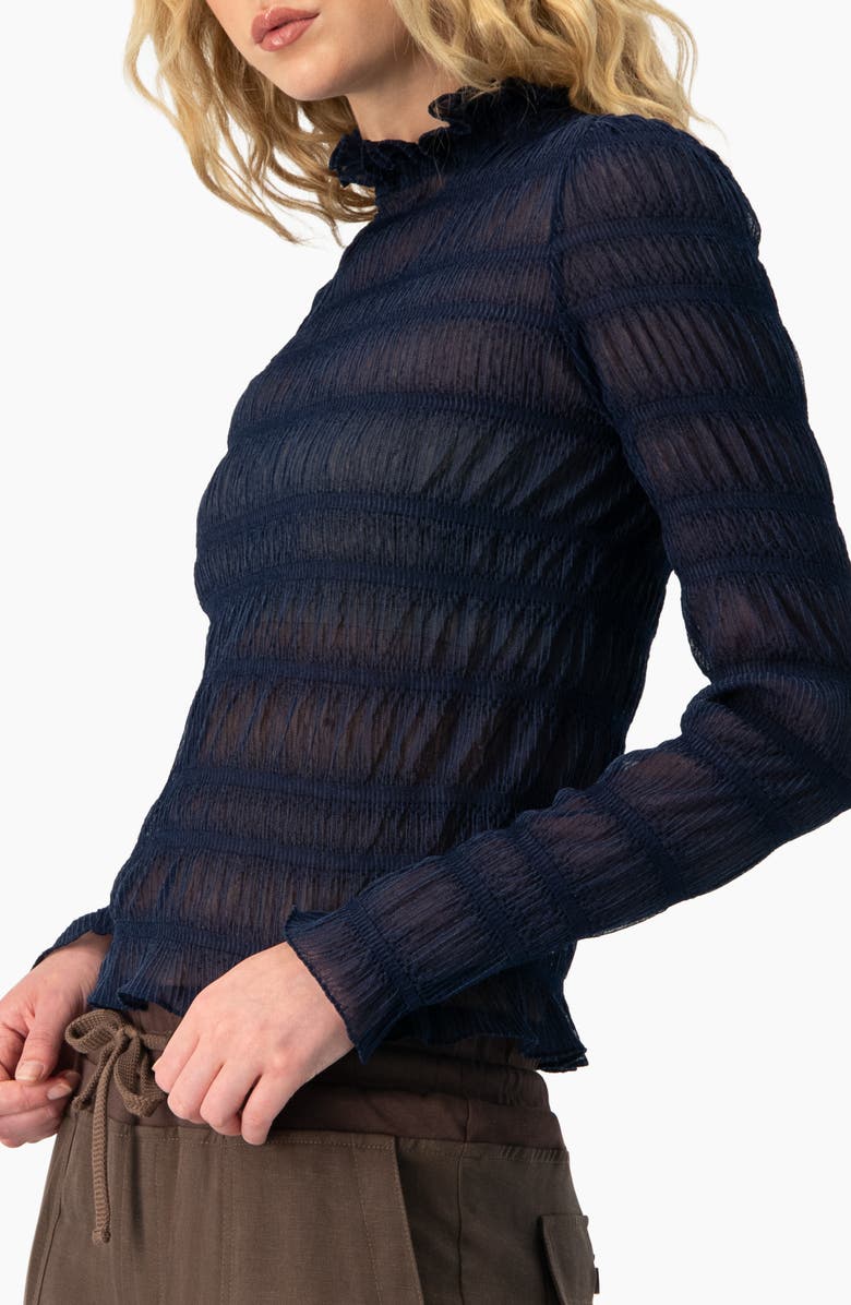 IVONNE See-Through Long Sleeve High Neck Blouse, Alternate, color, Navy Blue