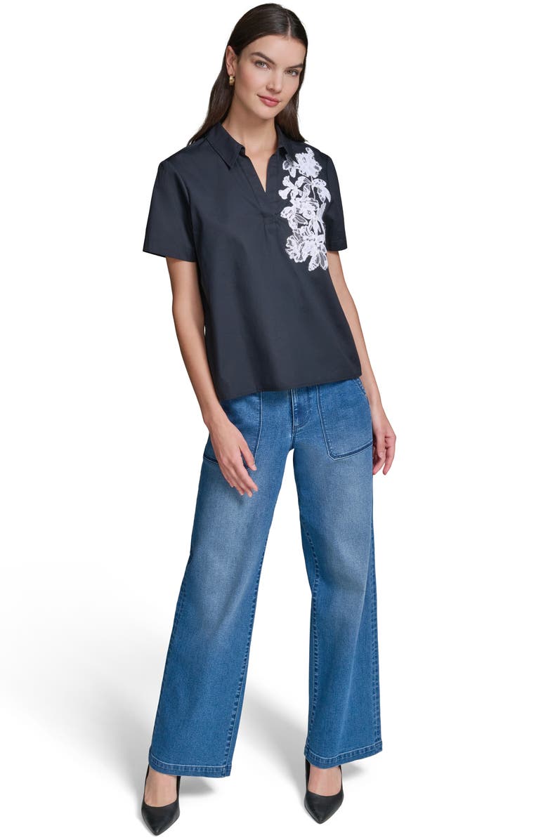 KARL LAGERFELD PARIS Lace Appliqué Woven Shirt, Alternate, color, Midnight Navy