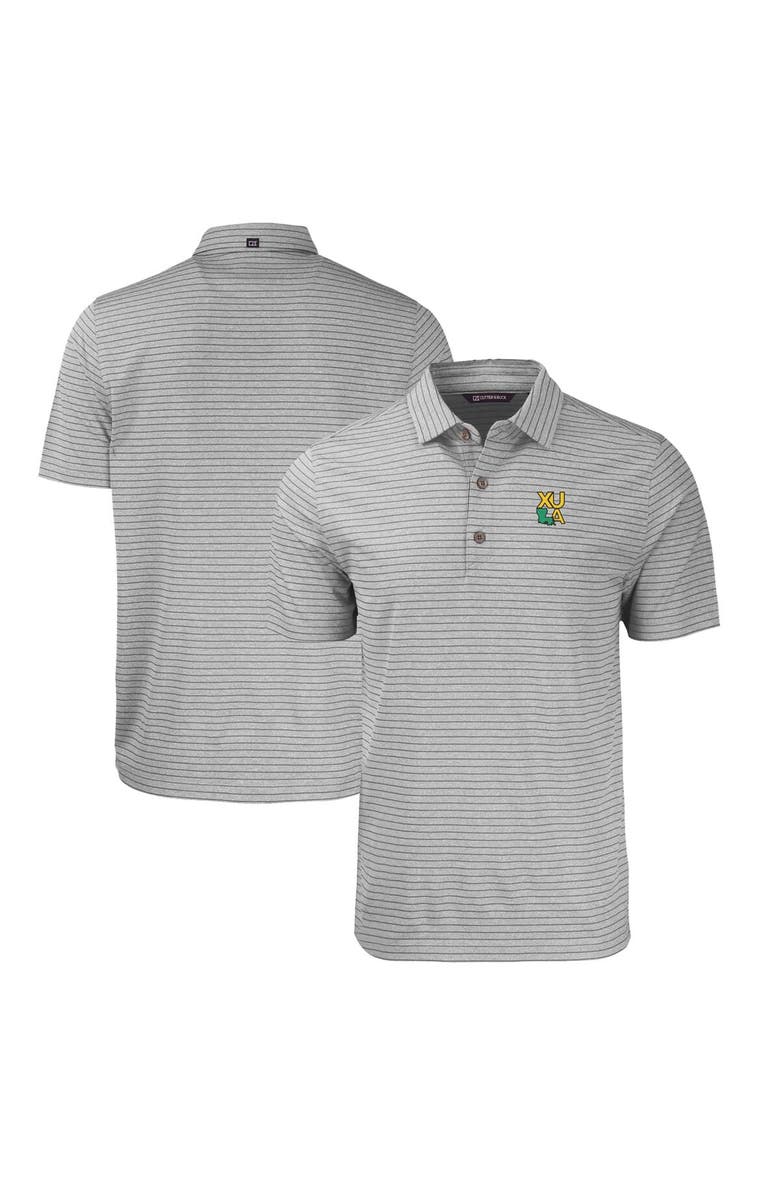 Cutter & Buck Men's Cutter & Buck Heather Gray Xavier University of Louisiana Gold Rush Forge Eco Heathered Stripe Stretch Recycled Polo, Main, color,