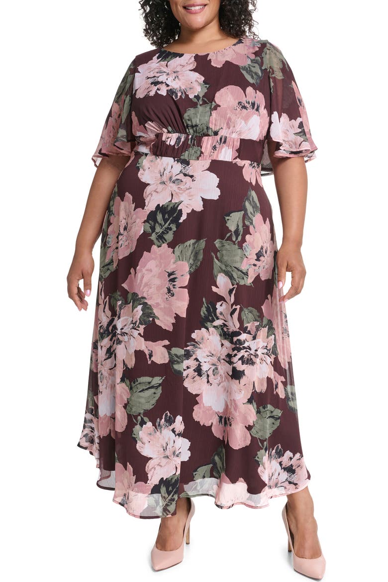 Floral Print Maxi Dress, Main, color, COFFEE BEAN MULTI