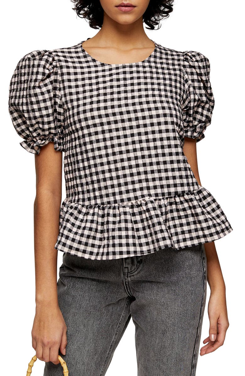 Topshop Check Bow Back Puff Sleeve Blouse, Main, color, 