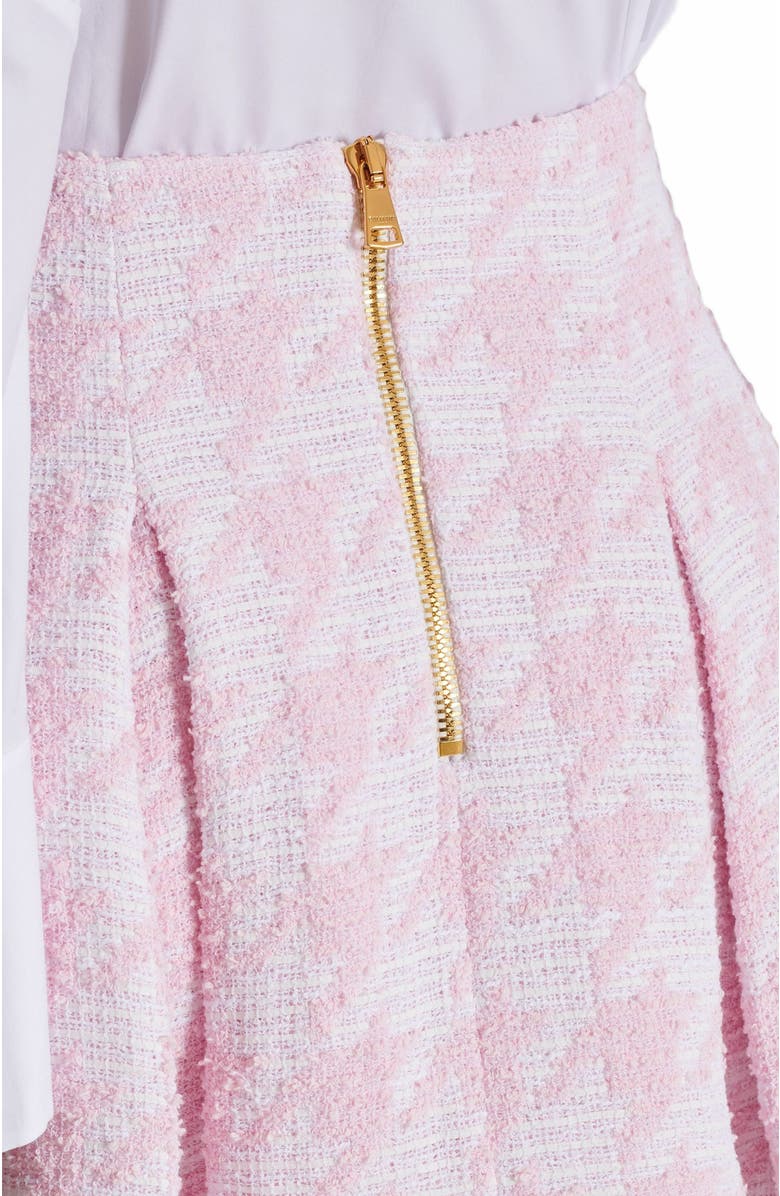 Balmain A-Line Pleated Houndstooth Tweed Skirt, Alternate, color, Pink