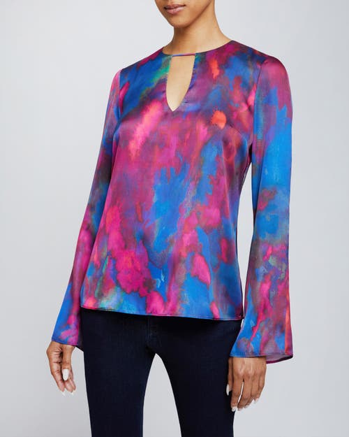Santorelli Noa Cutout Abstract-print Charmeuse Blouse In Magenta Multi