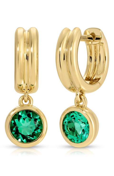 14k Gold Lab Grown Emerald Bezel Set Huggie Hoop Earrings