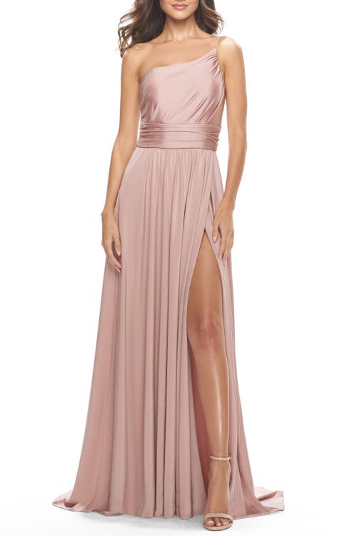 La Femme Chic One Shoulder Long Jersey Gown With Defined Waist