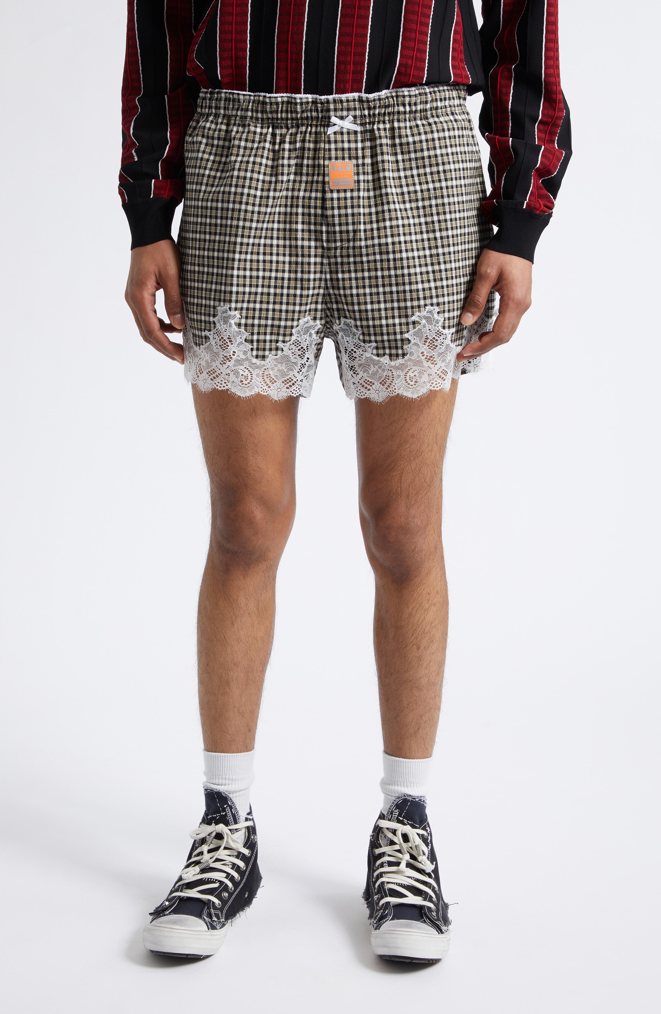 Lace Trim Check Stretch Cotton Boxer Shorts