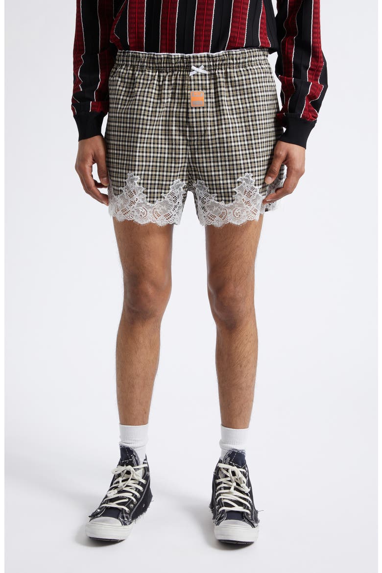 Lace Trim Check Stretch Cotton Boxer Shorts, Main, color, BLACK GREEN