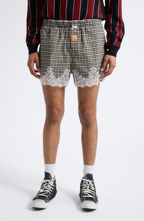Lace Trim Check Stretch Cotton Boxer Shorts
