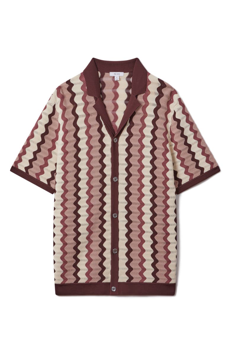 Reiss Summer Pointelle Zigzag Stripe Knit Button-Up Shirt, Alternate, color, Rose Multi