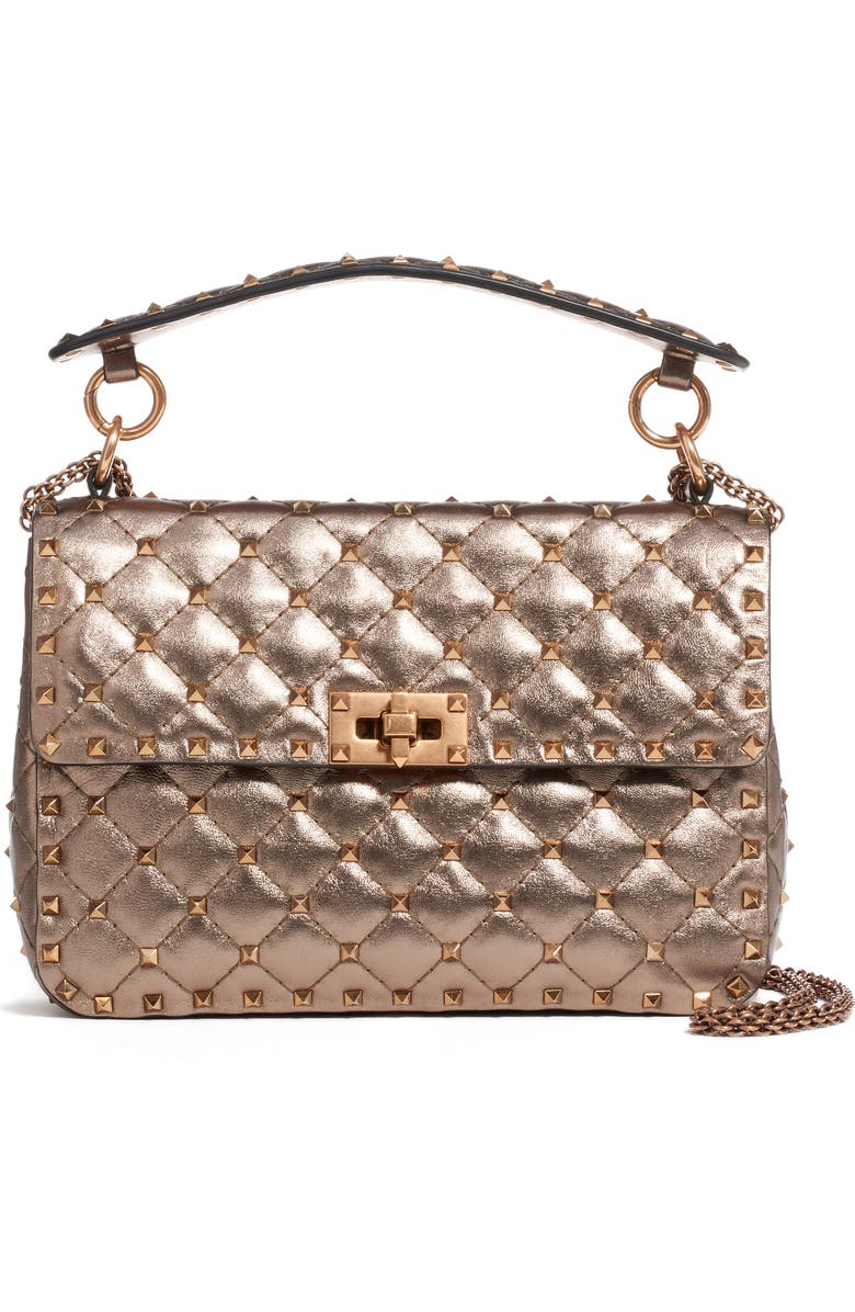 Valentino Garavani Medium Rockstud Spike Metallic Leather Shoulder Bag, Main, color,