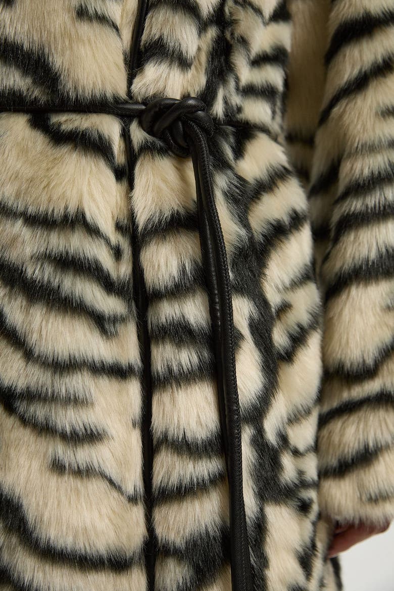 Faux Fur Collarless Tie Belted Midi Coat, Alternate, color, Mono