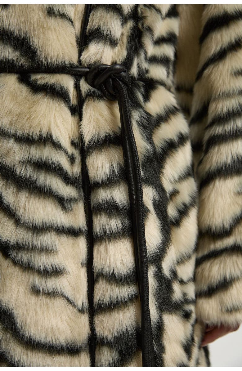 Karen Millen Faux Fur Collarless Tie Belted Midi Coat, Alternate, color, Mono