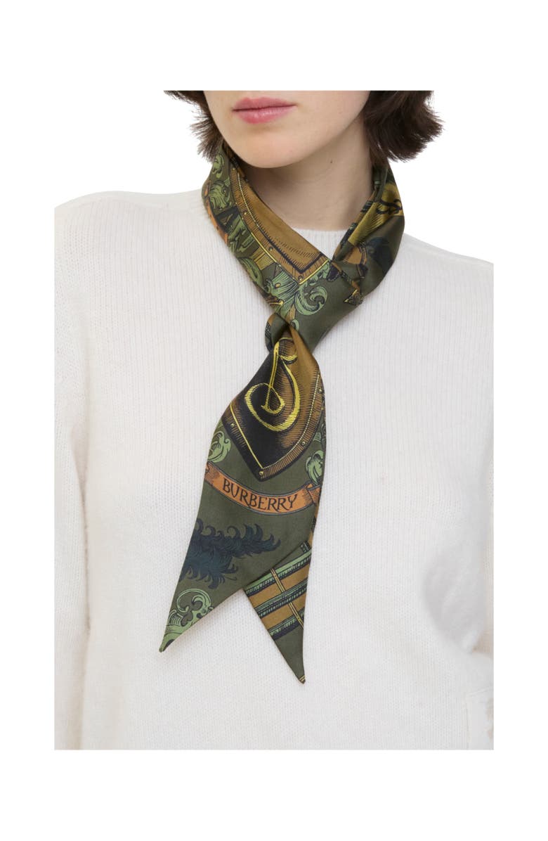 Burberry Skinny Reversible Etched Knight Silk Scarf, Alternate, color, Moat Green