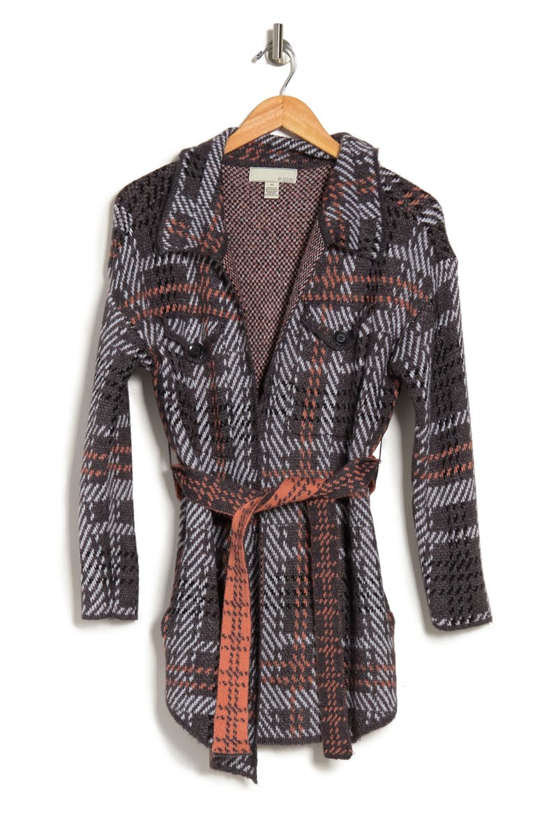 Agnes Plaid Belted Cardigan, Alternate, color, EUNICE CHARCOAL HTHR