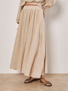 Apricot Linen Pleated Full Midi Skirt