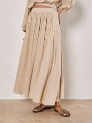 Apricot Linen Pleated Full Midi Skirt
